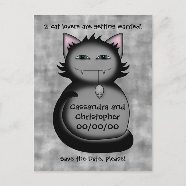 Funny cat lovers save the date wedding announcement postcard (Front)