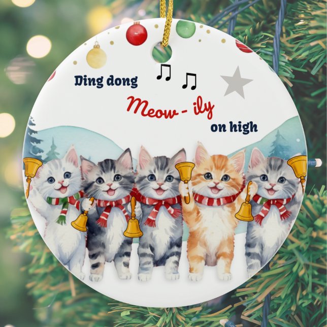 Funny Cat Lover's Watercolor Christmas Ceramic Ornament (A funny Christmas ornament with picture of cats playing handbells and pun caption)