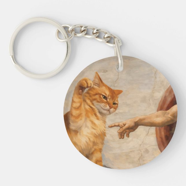 Funny Cat Meme Art Creation of Adam with Cat Sarca Keychain (Front)