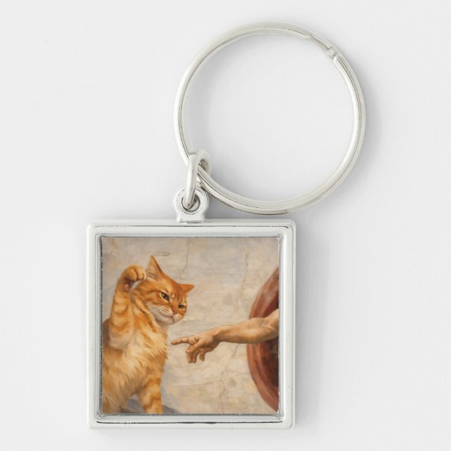 Funny Cat Meme Art Creation of Adam with Cat Sarca Keychain (Front)