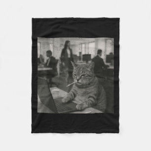 Funny Cat Meme Smoking Cigarette At Work Humour  Fleece Blanket