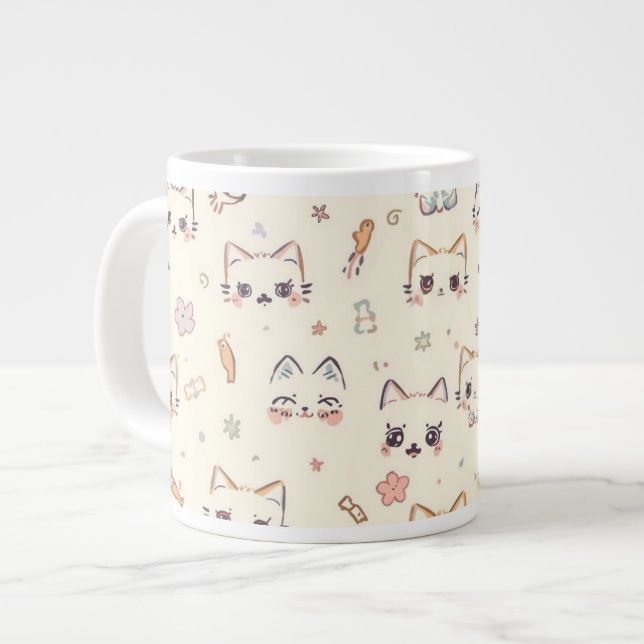 Funny Cat Meow Cartoon Pattern Large Coffee Mug (Front Left)