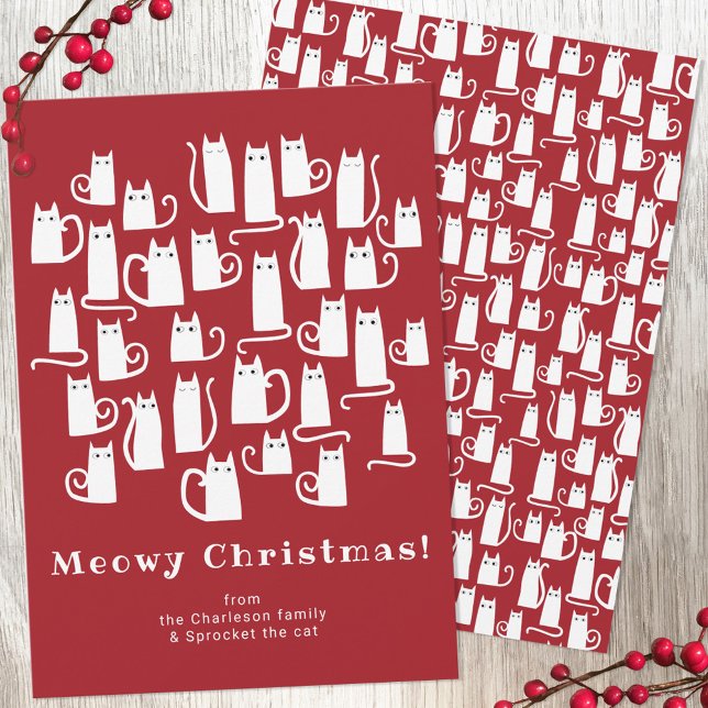 Funny Cat Meowy Carte de Noël (Red and white cat fun holiday card)