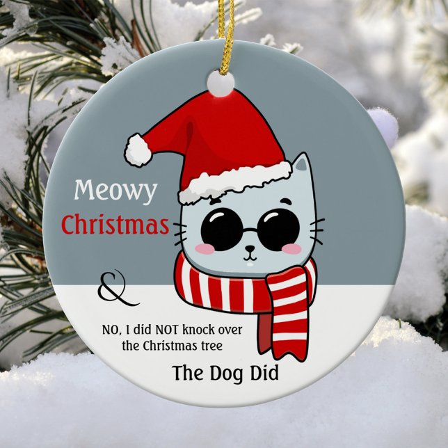 Funny Cat Meowy Christmas Ceramic Ornament (Christmas ornament showing a cat in Christmas outfit with sunglasses and your (funny or other) texts)