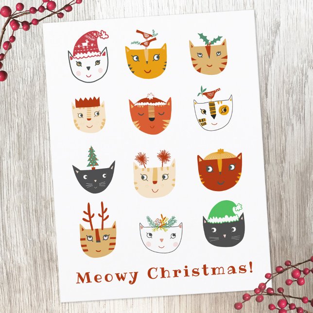 Funny Cat Meowy Christmas Holiday Postcard (Funny cat Christmas holiday card)