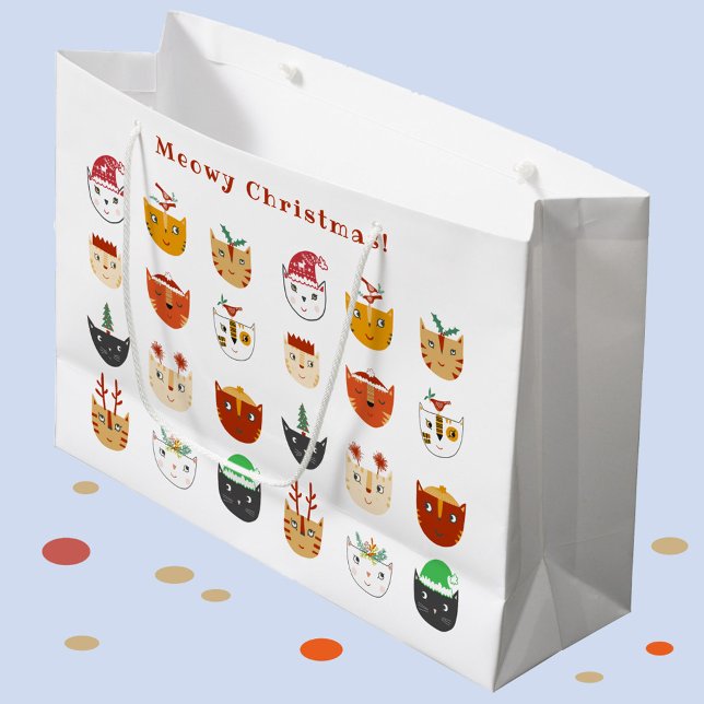 Funny Cat Meowy Christmas Holidays Large Gift Bag (Fun Meowy Christmas kitty cat custom text gift bag)