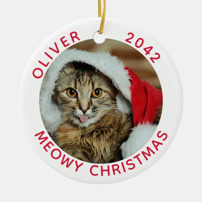 Funny Cat Meowy Christmas Photo Name Ceramic Ornament (Front)