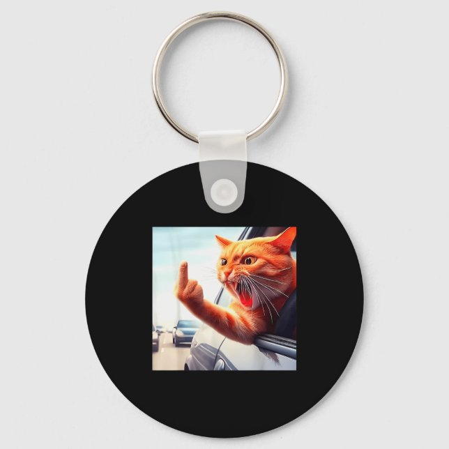 Funny Cat Middle Finger Hilarious Cat In The Car C Keychain (Front)