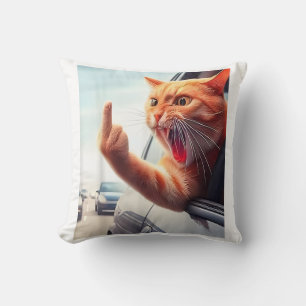 Funny Cat Middle Finger Hilarious Cat In The Car C Throw Pillow