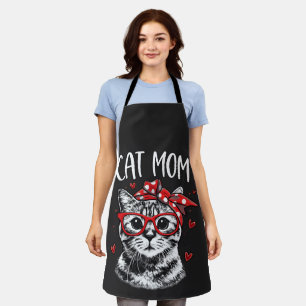 Funny Cat Mom with Glasses & Bandana Black Kitchen Apron