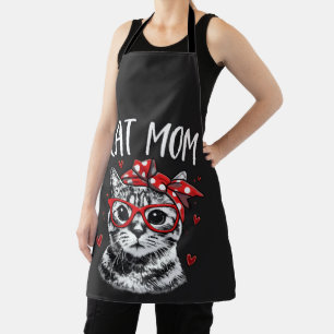 Funny Cat Mom with Glasses & Bandana Black Kitchen Apron