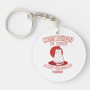 Funny Cat Most Likely To Invent a New Christmas Tr Keychain