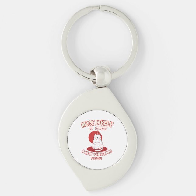 Funny Cat Most Likely To Invent a New Christmas Tr Keychain (Front)