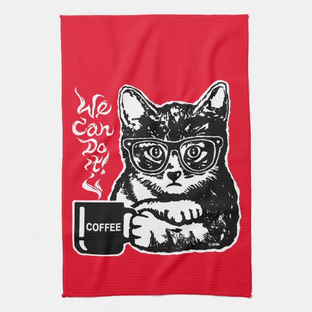 Funny cat motivated by coffee kitchen towel (Vertical)