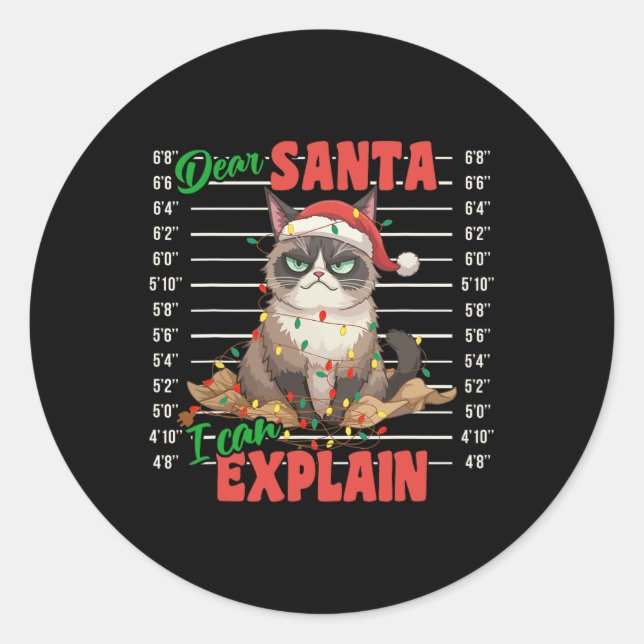 Funny Cat Mugshot Dear Santa I Can Explain Christm Classic Round Sticker (Front)