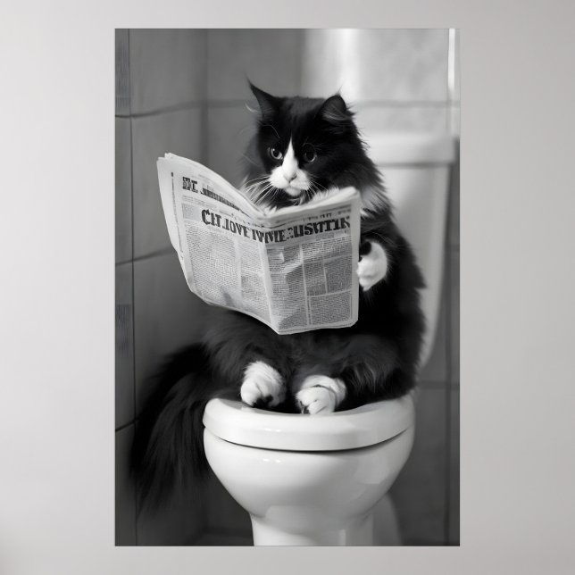 Funny Cat Newspaper Print, Whimsical Bathroom Wall Poster (Front)