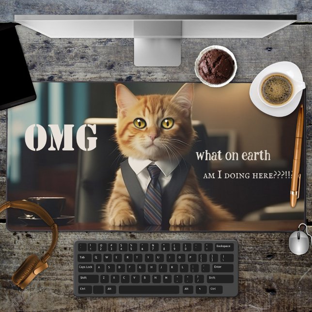 Funny Cat Office Desk Mat (Desk mat featuring a cute cat in office outfit behind a desk and your custom funny (or other) texts)