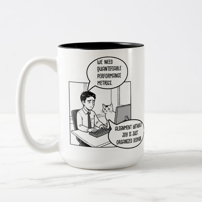 Funny Cat Office Work Humor Corporate Cartoon Two-Tone Coffee Mug (Left)