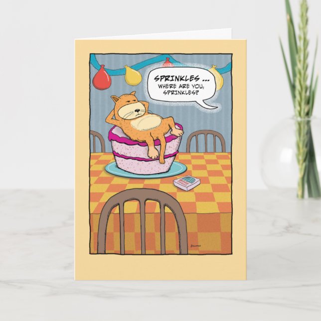 Funny Cat on Cake Birthday Card (Front)
