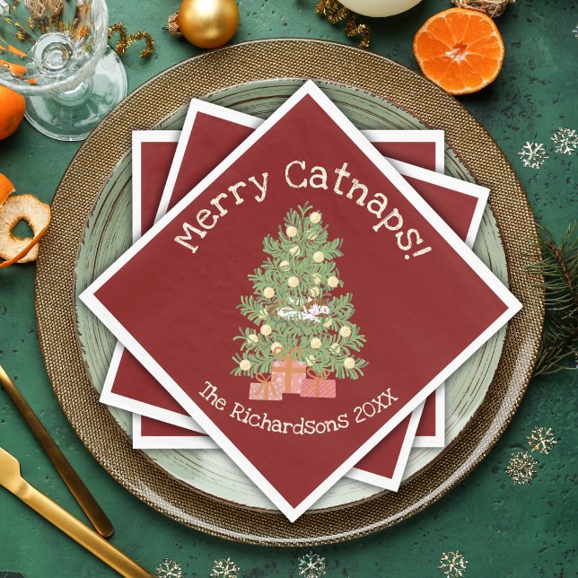 Funny Cat on Chistmas Tree Merry Catnaps! Red Napkin (Creator Uploaded)