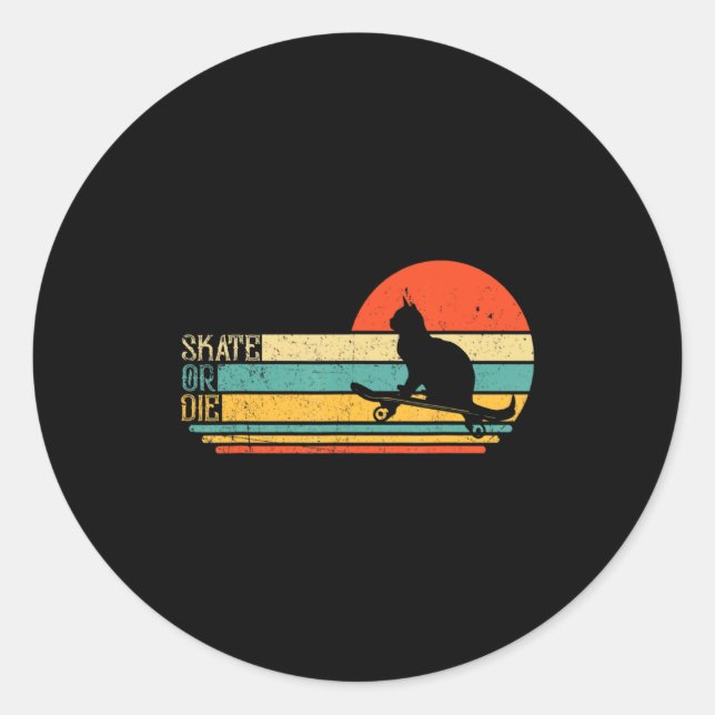 Funny Cat On Skateboard Retro Skateboarder  Classic Round Sticker (Front)