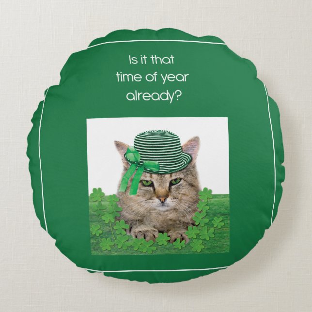 Funny Cat on St. Patrick’s Day Round Pillow (Front)