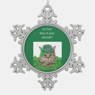 Funny Cat on St. Patrick’s Day Snowflake Pewter Christmas Ornament