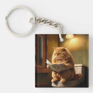 Funny Cat on Toilet Quirky Bathroom Humour Keychain