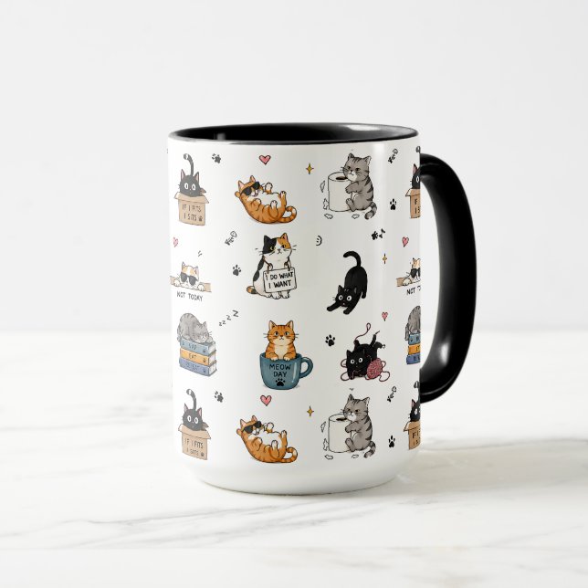 Funny Cat Pattern Mug, Cute Cat Lover Coffee Mug (Front Right)