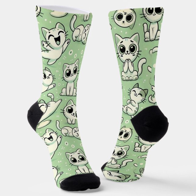  Funny Cat Pattern Socks - Light Green & White (Angled)