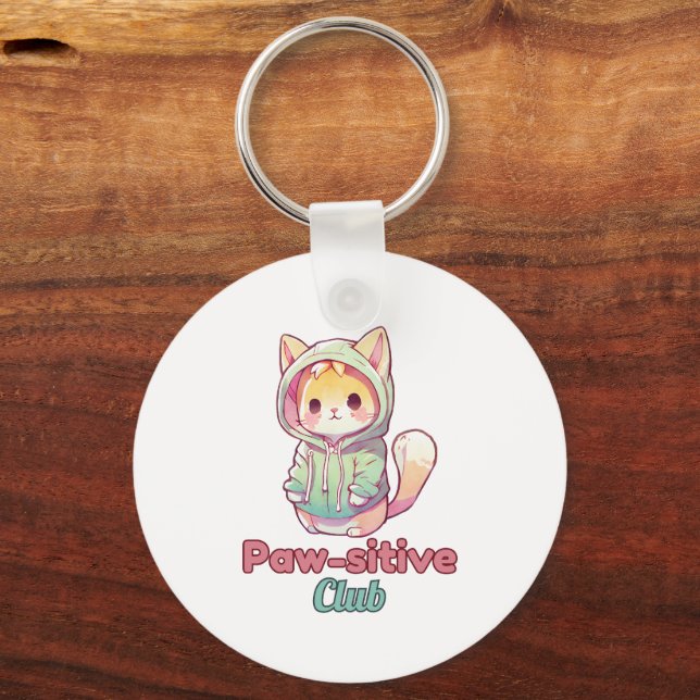 Funny Cat Paw‑sitive Club – Cute Hoodie Kitty Keychain (Front)