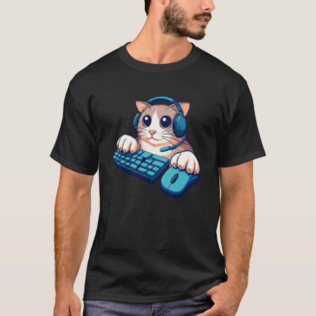 Funny Cat PC Gamer Tee Video Game Player Gaming (Front)