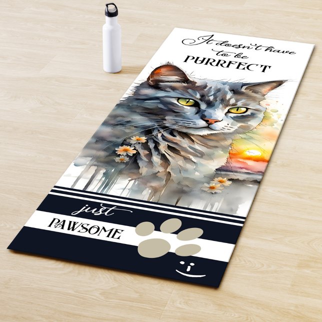 Funny Cat Perfectionist Watercolor Yoga Mat (Yoga mat featuring a watercolor painting of a tabby cat with paw print and your own funny texts)