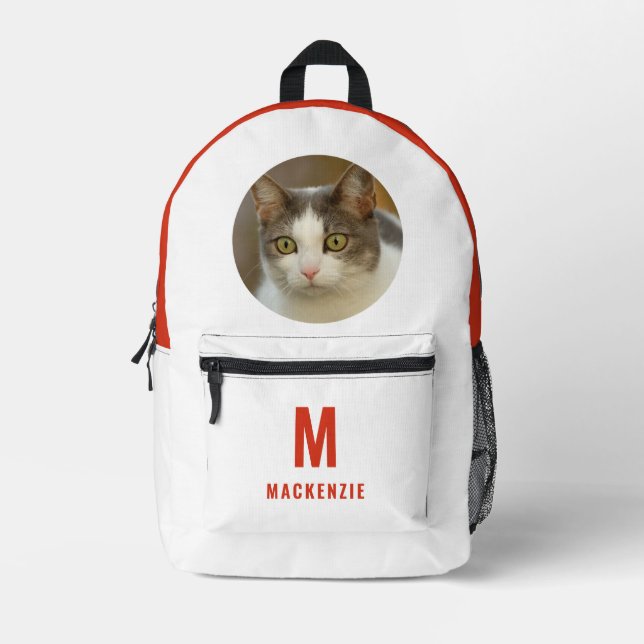 Funny Cat Pet Photo Orange Monogram Personalized Printed Backpack (Front)