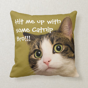 Funny Cat Photo Catnip Caption Throw Pillow