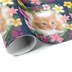 Funny Cat Photo Navy Blue Tropical Hawaiian  Wrapping Paper