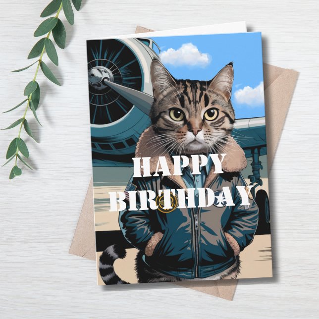 Funny Cat Pilot & Airplane, Cool Aviation Birthday Card (Creator Uploaded)