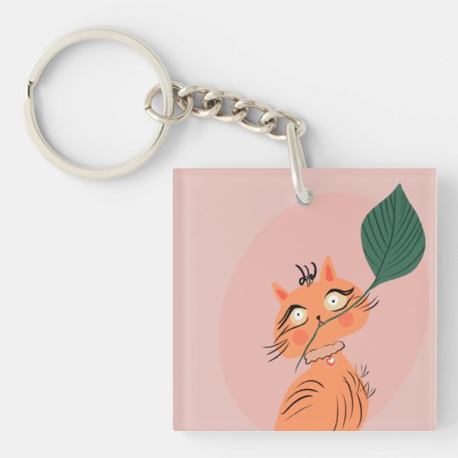  Funny Cat Plant Leaf Cartoon  Keychain (Front)