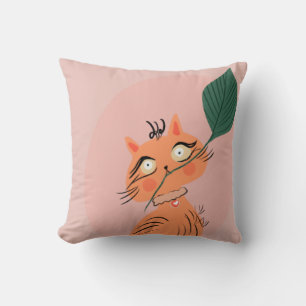 Funny Cat Plant Leaf Cartoon Throw Pillow