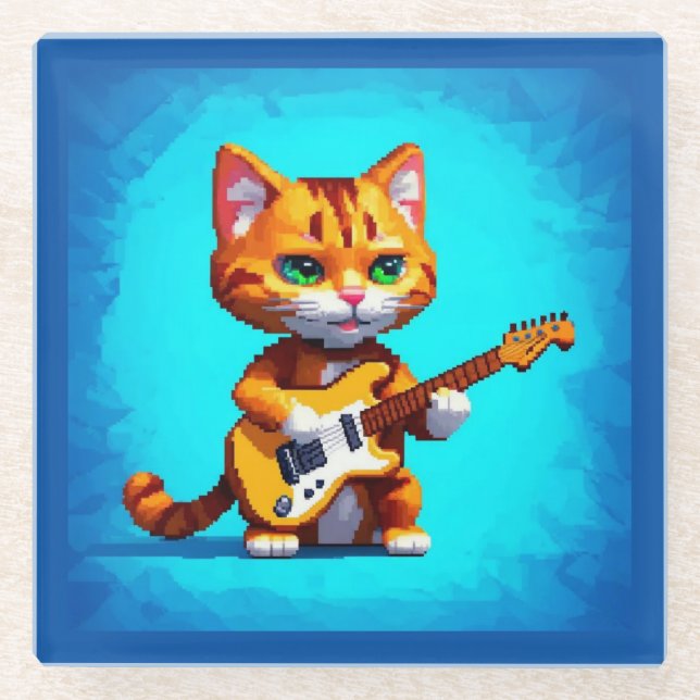 Funny Cat Playing Guitar  Glass Coaster (Front)