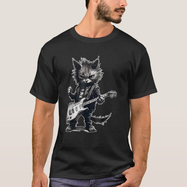 Funny Cat Playing Guitar Guitar Lover Rocker Heavy T-Shirt (Front)