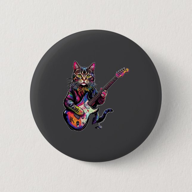 Funny Cat Playing Guitar Rock And Roll Men Women K 2 Inch Round Button (Front)