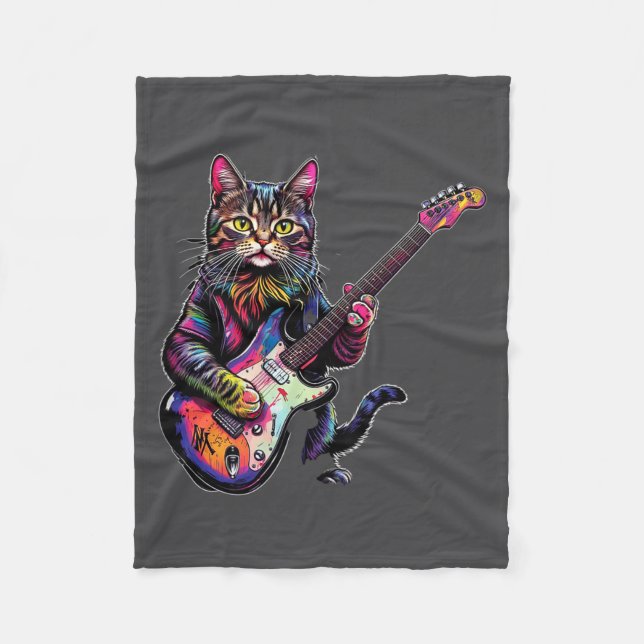 Funny Cat Playing Guitar Rock And Roll Men Women K Fleece Blanket (Front)