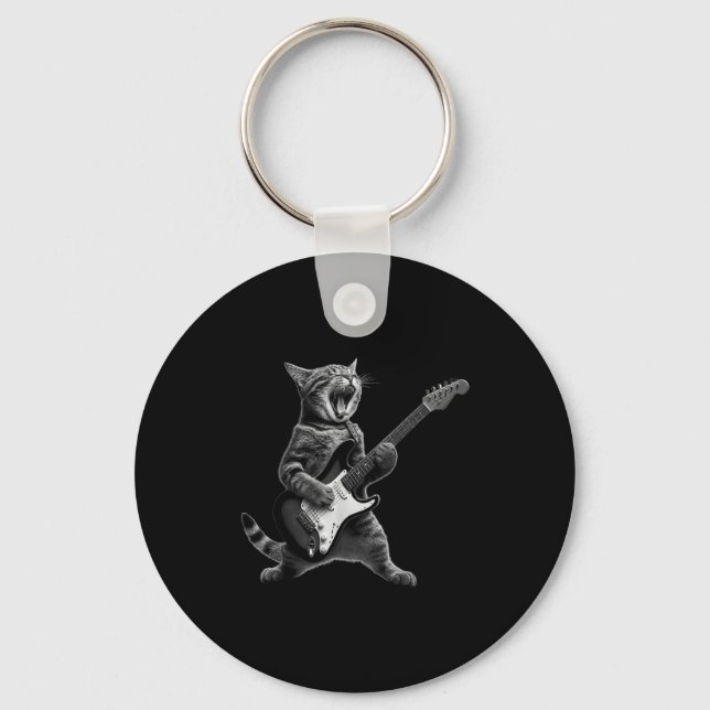 Funny Cat Playing Guitar Rock And Roll Men Women K Keychain (Front)