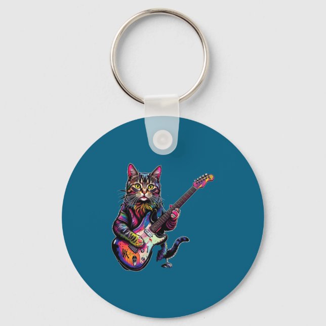 Funny Cat Playing Guitar Rock And Roll Men Women K Keychain (Front)