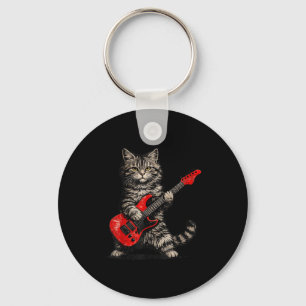 Funny cat playing guitar rock and roll men women keychain