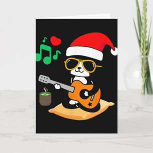 Funny Cat Playing Guitar Sungles Santa Hat Christm Card