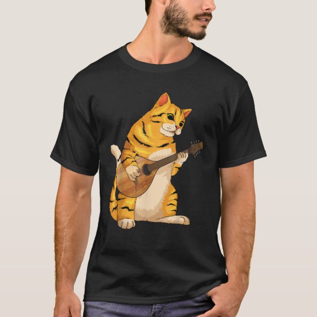 Funny Cat Playing Mandolin Cool Love Animal Musici T-Shirt (Front)