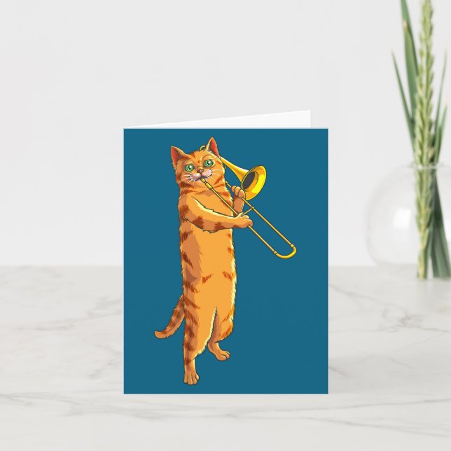 Funny Cat Playing Trombone Gift Cool Kitten Musici Card (Front)