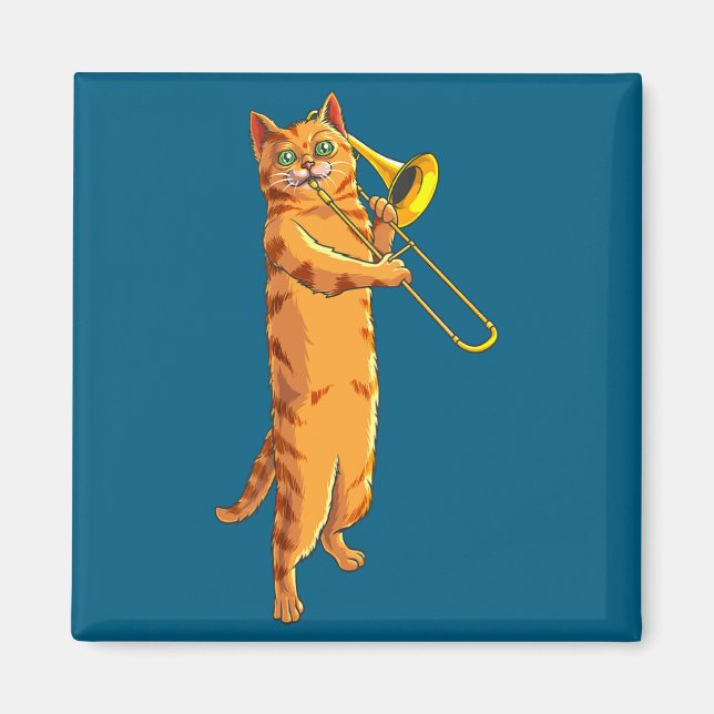 Funny Cat Playing Trombone Gift Cool Kitten Musici Magnet (Front)